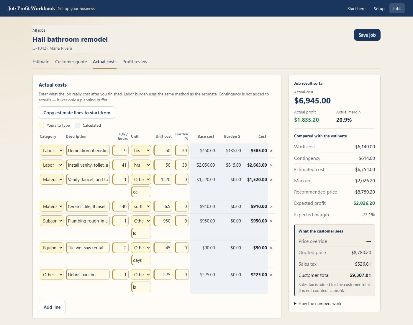 Job Profit Workbook Actual costs screen with labor, material, subcontractor, equipment, and other lines, plus actual cost, actual profit, and actual margin.