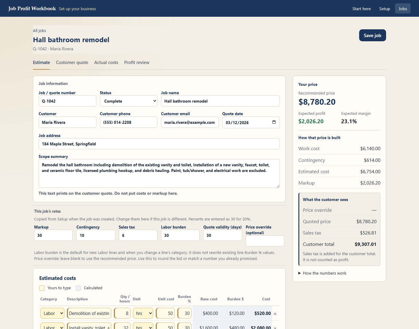 Job Profit Workbook Estimate screen for the example hall bathroom remodel, showing job information, cost lines, recommended price, and expected profit.